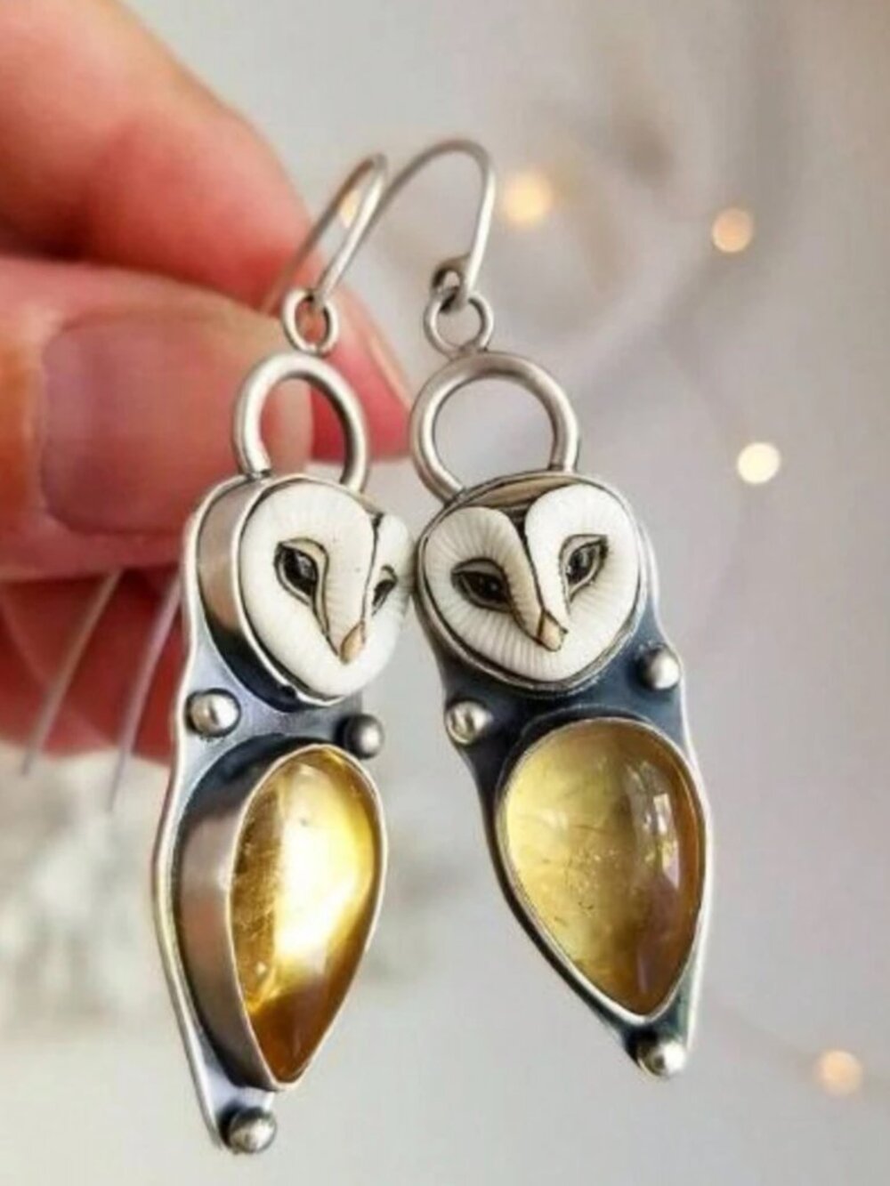Silver Tone Owl Amber Dangle Earrings